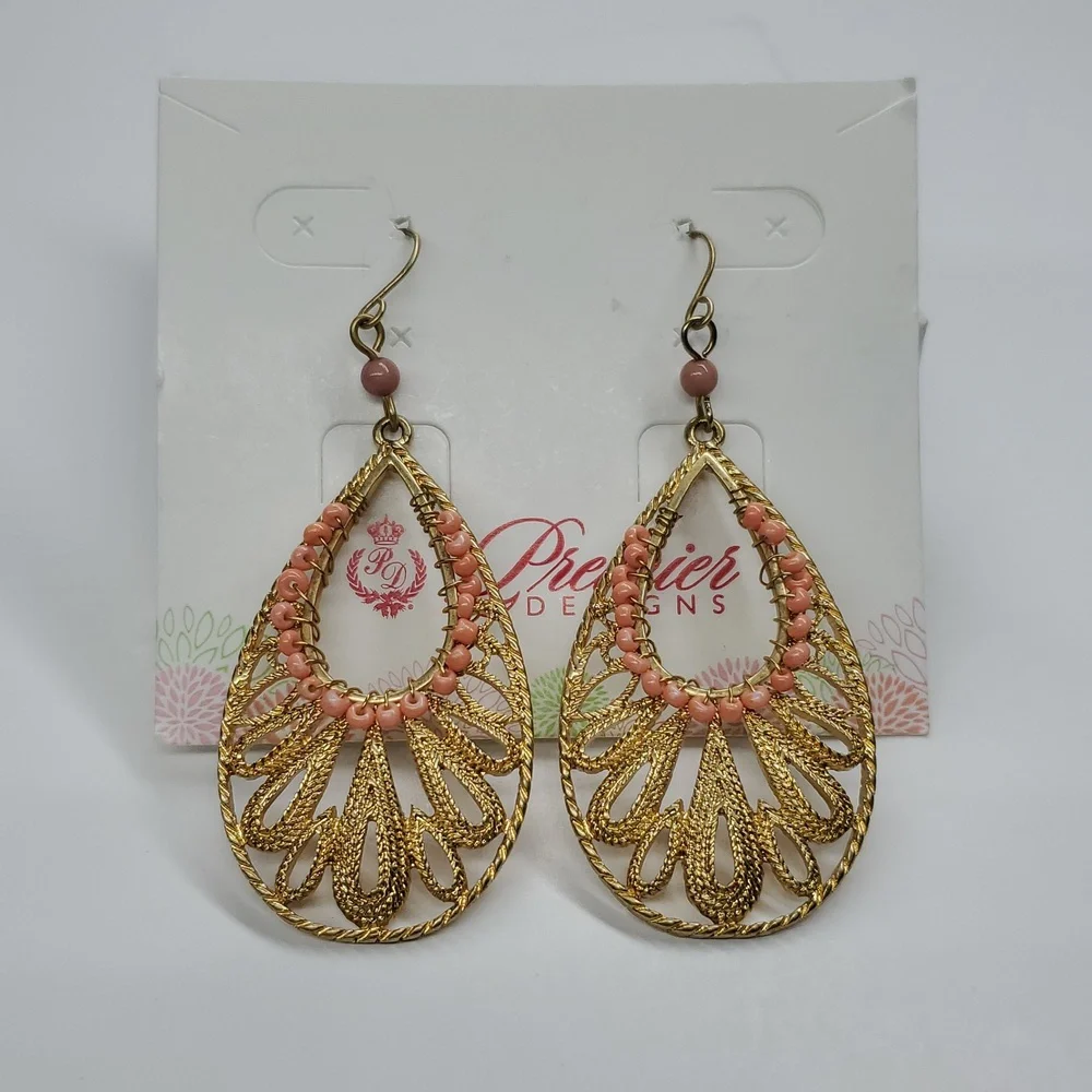 Premier Designs Gold Toned Coral Colored Beaded Wire Earrings NIB